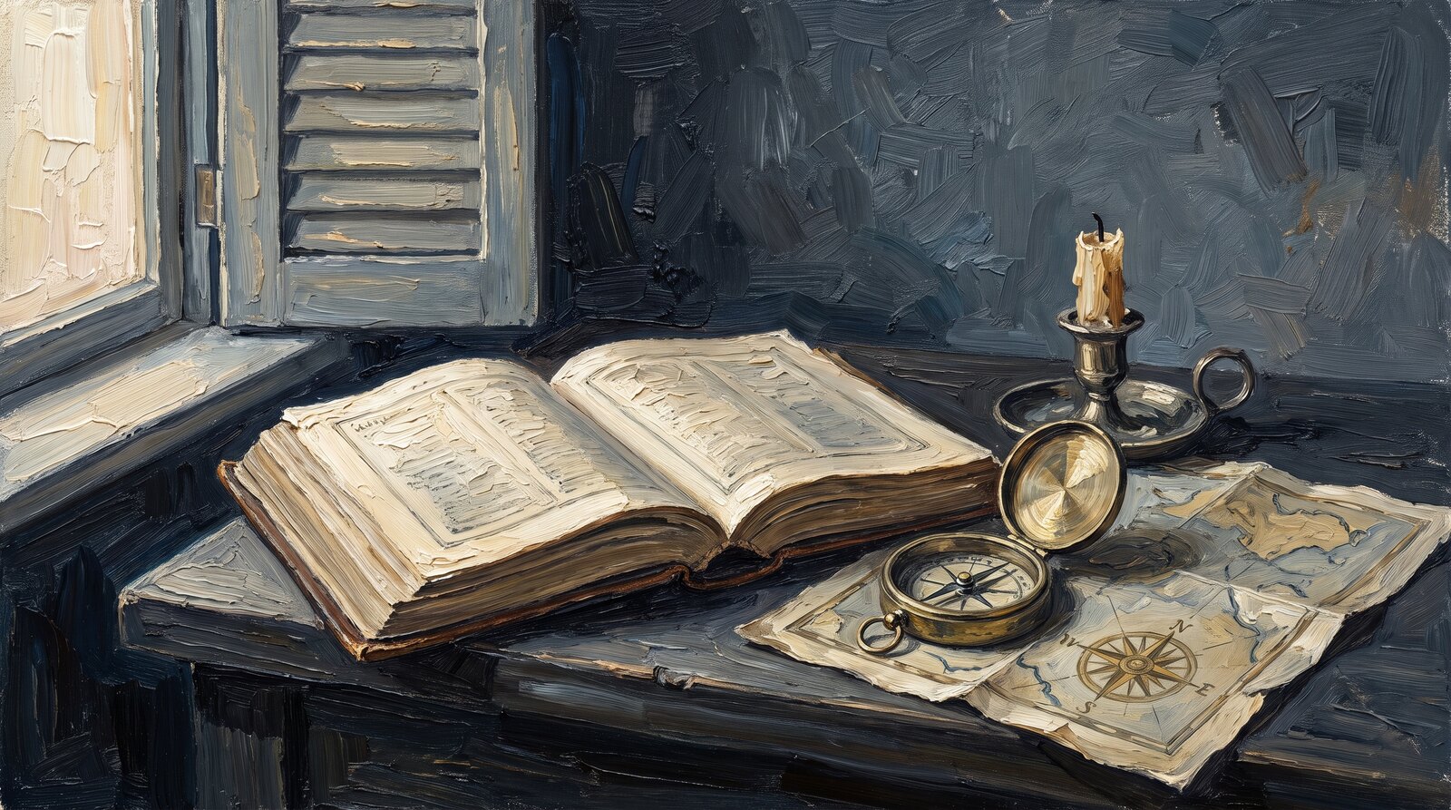 An open almanac, a brass compass and a folded map on a dark desk
