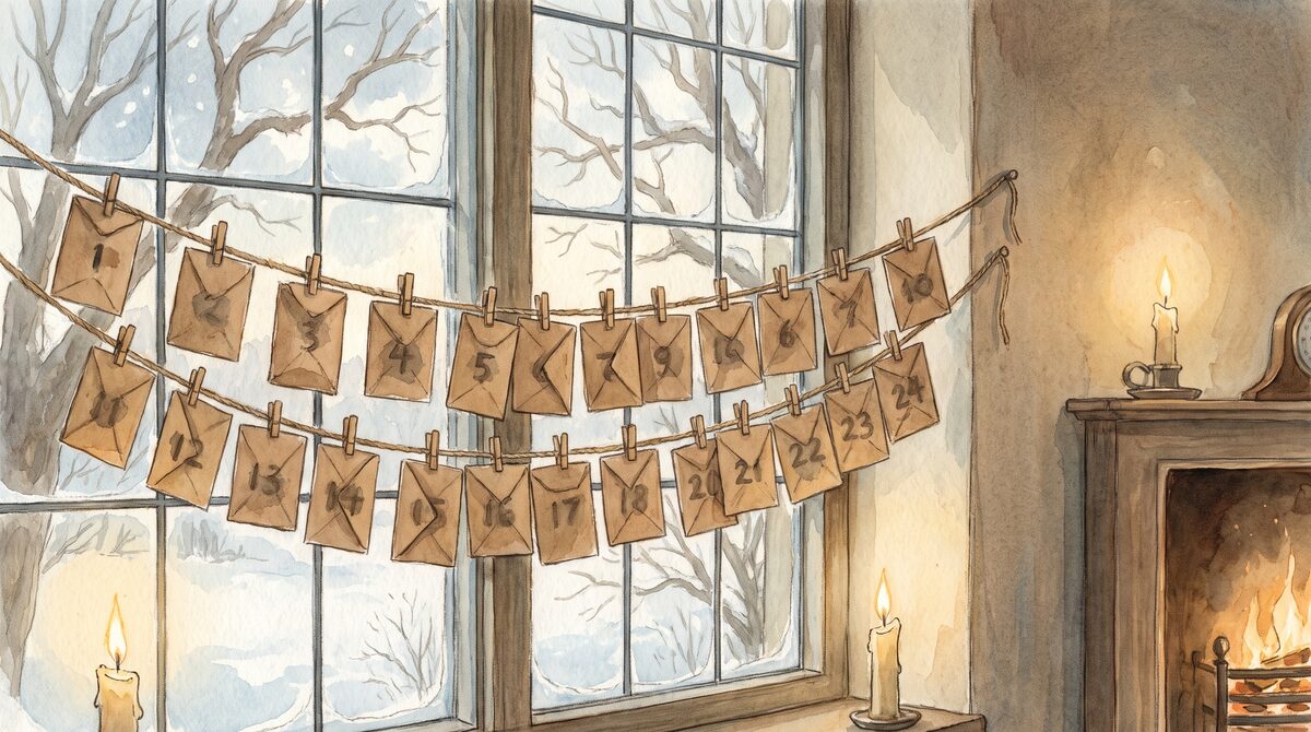Small numbered paper envelopes pegged on a string across a window with winter light behind