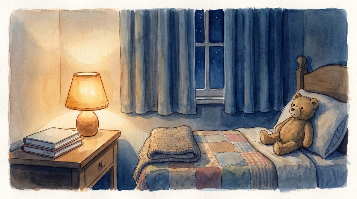A child’s bedroom at bedtime with a lamp, a stack of picture books and a folded blanket