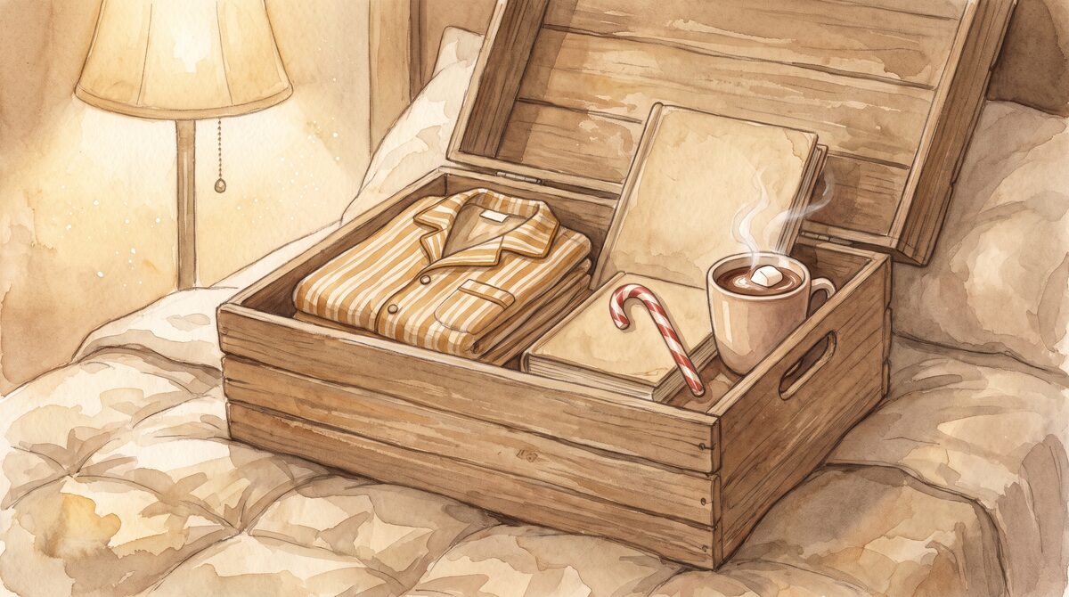 A simple Christmas Eve box on a bed with folded pyjamas, a book, a mug of hot chocolate and a candy cane