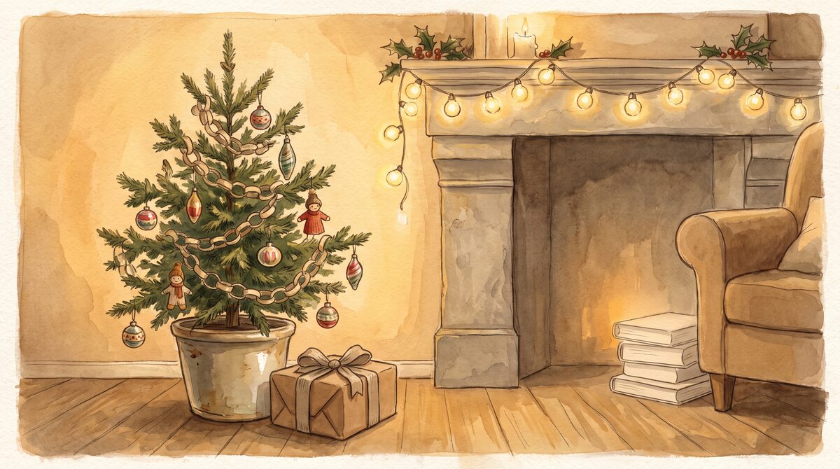 A small simply decorated tree with paper chains and a single wrapped present beneath it