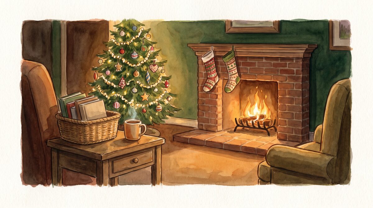 A family living room on a December evening with a small decorated tree, stockings and a pile of Christmas books