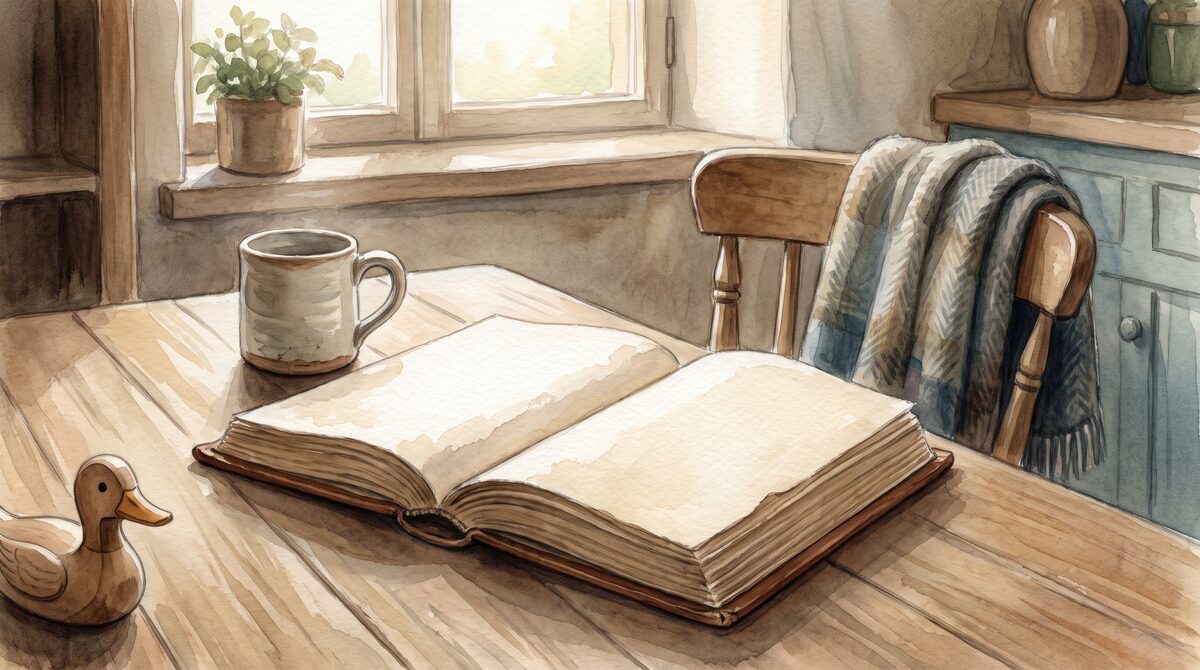 A worn Bible open on a kitchen table in early morning light, a cup of tea beside it and a child's toy at the edge of the frame