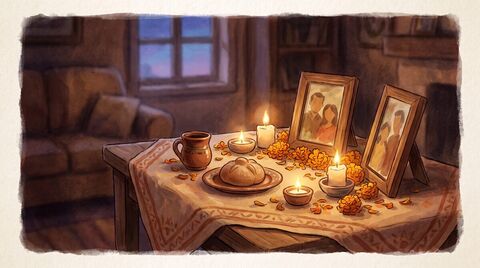 A home altar with candles, marigold petals and framed photographs, warm candlelight against a dark room