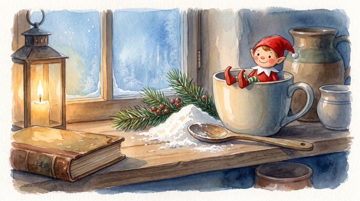 A small elf doll sitting in a mug on a kitchen shelf in the early morning, with a dusting of flour and a wooden spoon beside it
