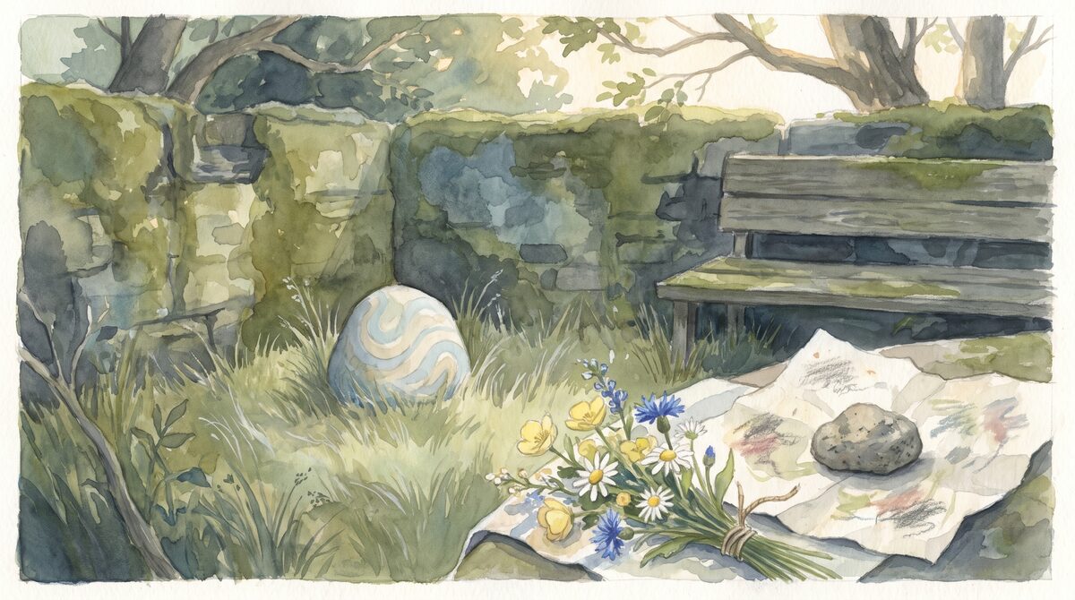 A small garden grave marked with a painted stone and a bunch of picked flowers