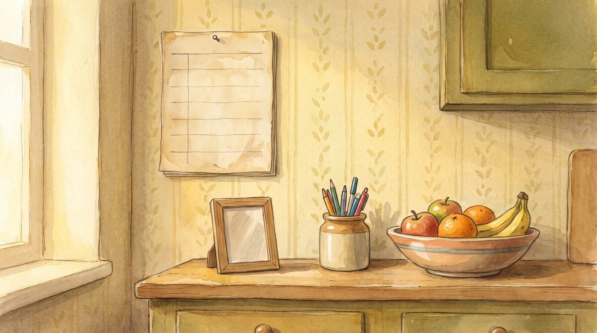 A kitchen wall with a week planner, a small picture frame showing a photograph, and a jar of pens on the counter below