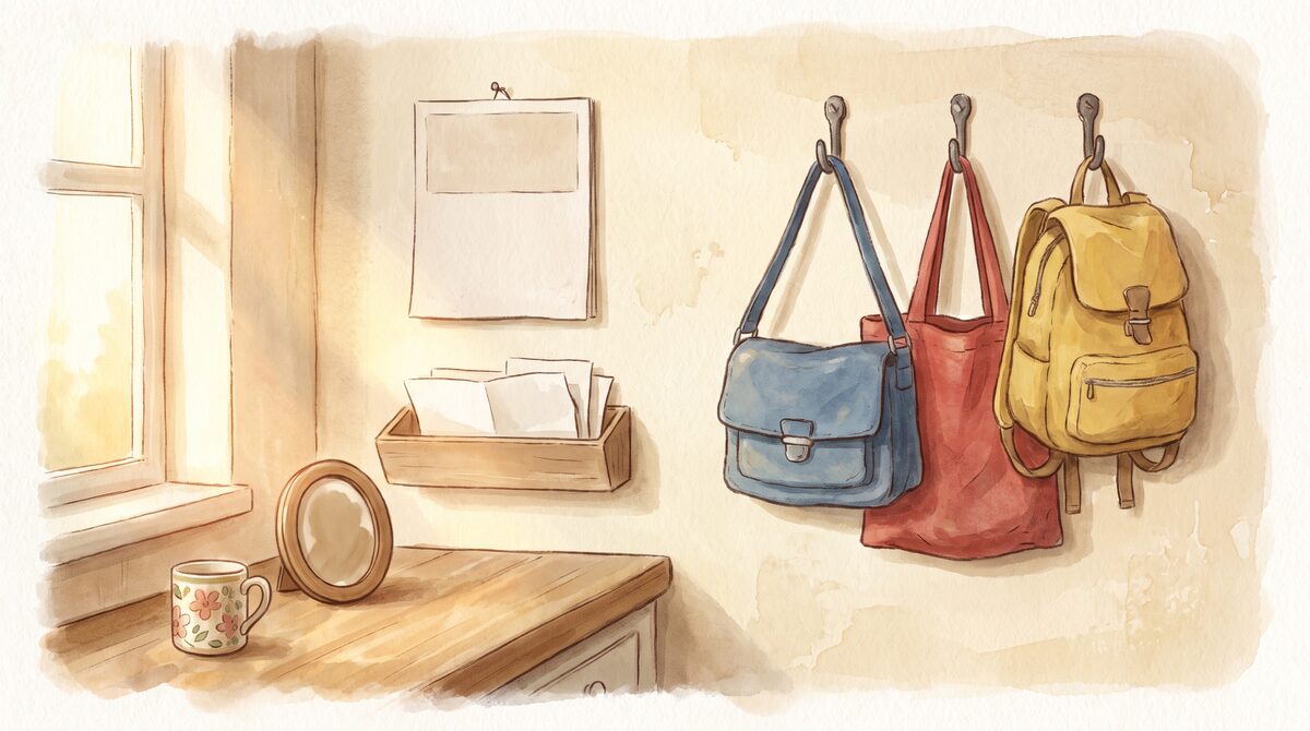 A corner of a family kitchen with a calendar, a tray of school papers, hooks with bags and a small picture frame on the counter in morning light