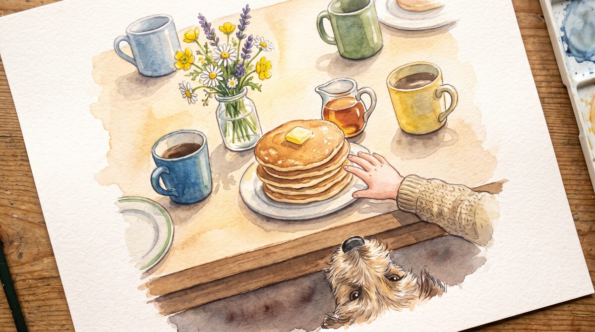 A family breakfast table on a weekend morning, with pancakes, candles and mismatched mugs