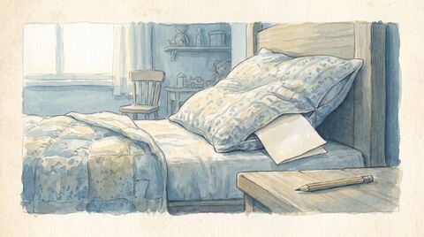 An early morning child’s bedroom with an undisturbed pillow and a small note being written