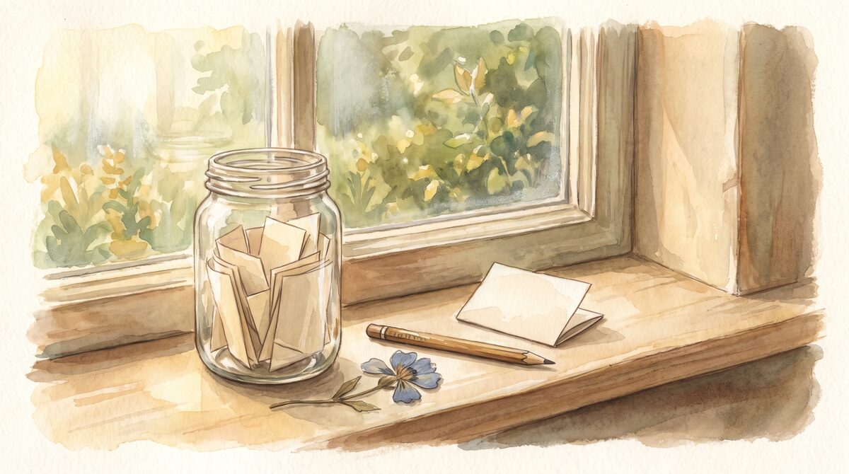 A jar of folded paper slips on a windowsill beside a pencil and a child’s handwritten note