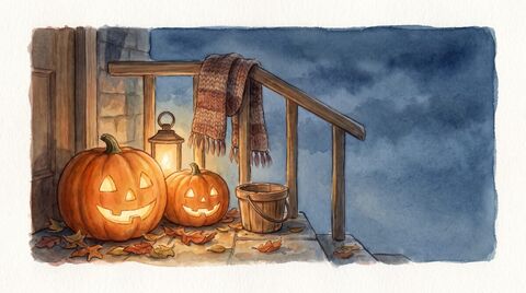 A doorstep at dusk with carved pumpkins, fallen leaves and a small bucket waiting