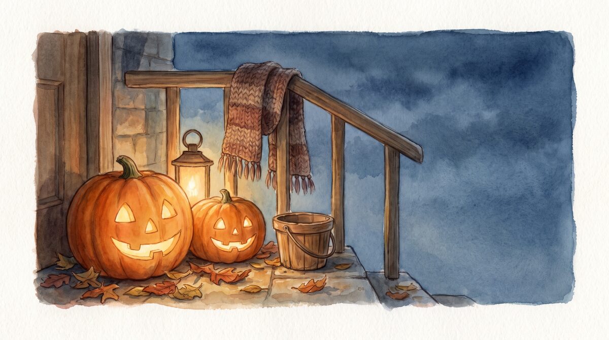 A doorstep at dusk with carved pumpkins, fallen leaves and a small bucket waiting