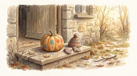A small pumpkin drawn on with crayon beside a toddler’s woolly hat and mittens on a step