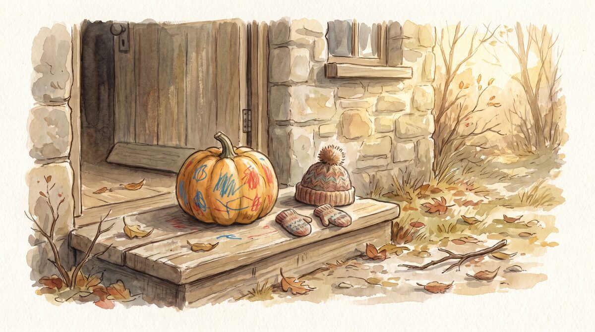 A small pumpkin drawn on with crayon beside a toddler’s woolly hat and mittens on a step