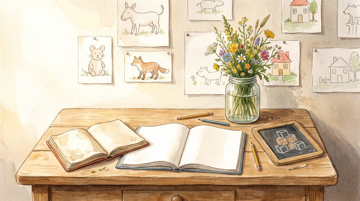 A morning table with two children’s workbooks at different levels, pencils, a jar of wild flowers and a wall of finished drawings behind