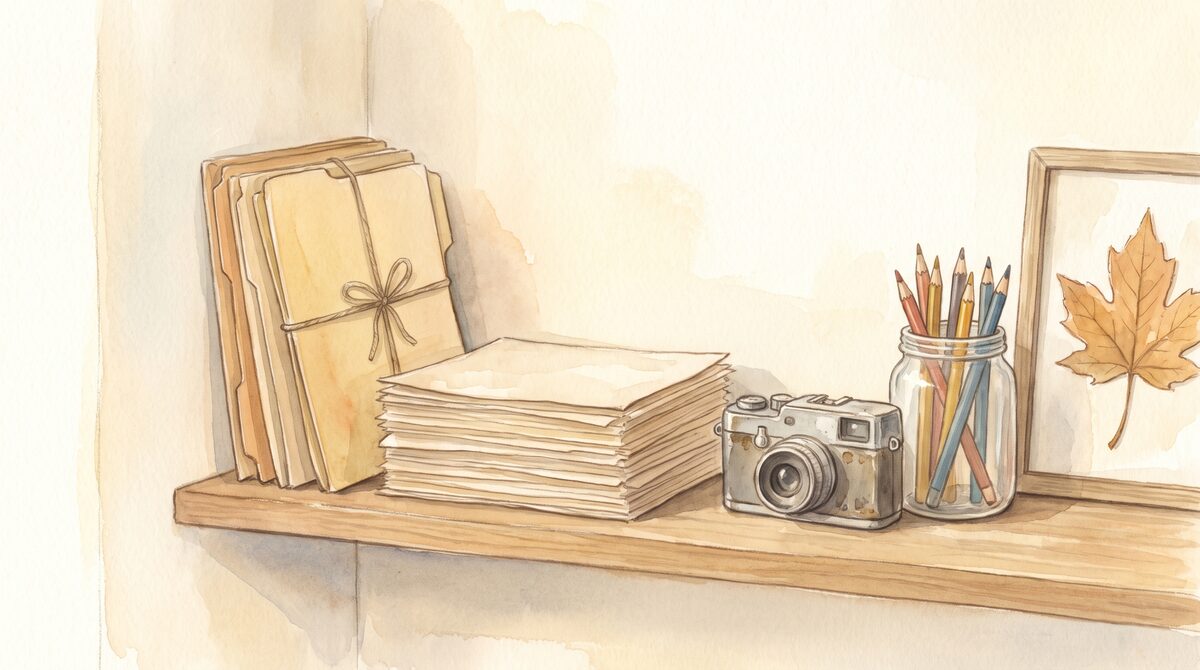 A shelf of labelled homeschool folders beside a stack of children’s work and a camera