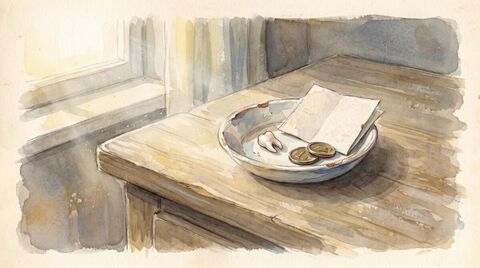 A few coins and a small folded note beside a tiny tooth on a bedside table