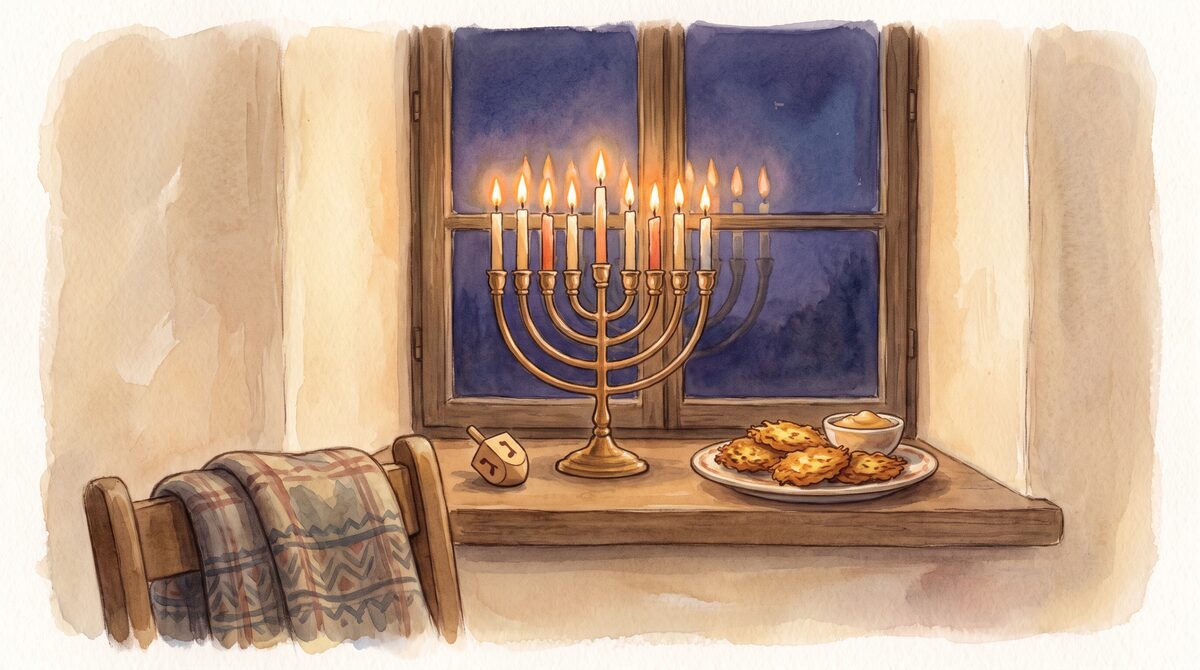 A nine-branched menorah glowing on a windowsill with a dreidel and a plate of latkes beside it