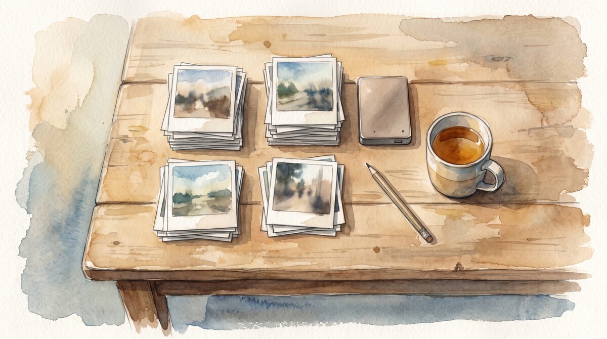 A kitchen table with photographs spread out in dated piles, an external drive and a mug of tea
