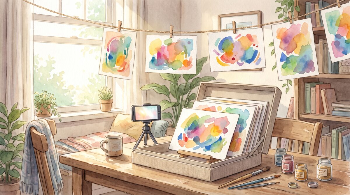 A child’s paintings pegged on a string above a table, with a flat storage box and a phone photographing one