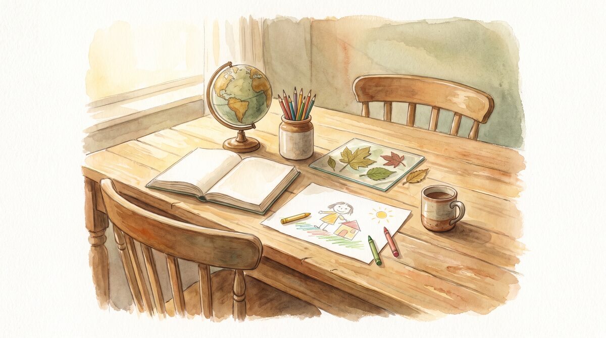 A sunlit dining table set up for home learning with books, a globe, pencils and a child’s unfinished drawing