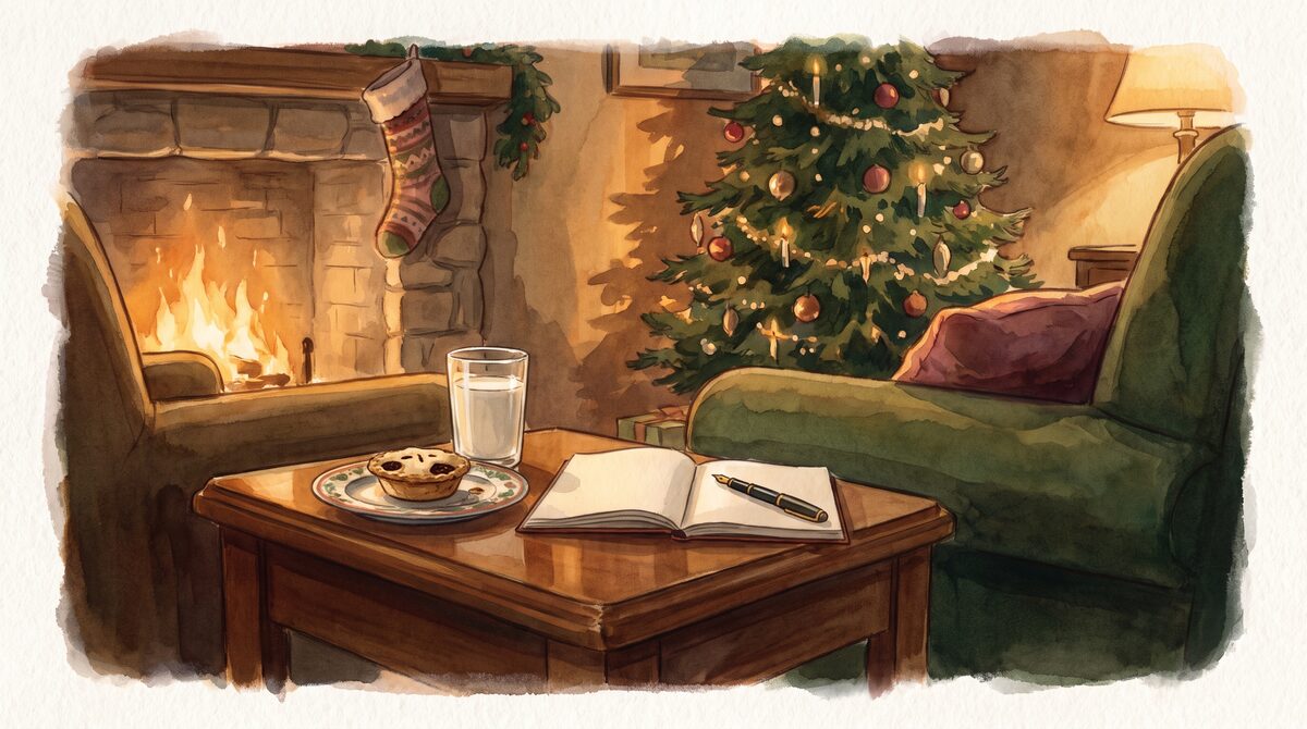 A quiet living room on Christmas Eve with a half-written letter, a mince pie and firelight