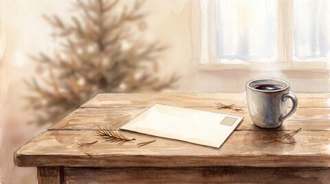 A handwritten envelope with a stamp lying on a kitchen table in the quiet week after Christmas, a few pine needles beside it