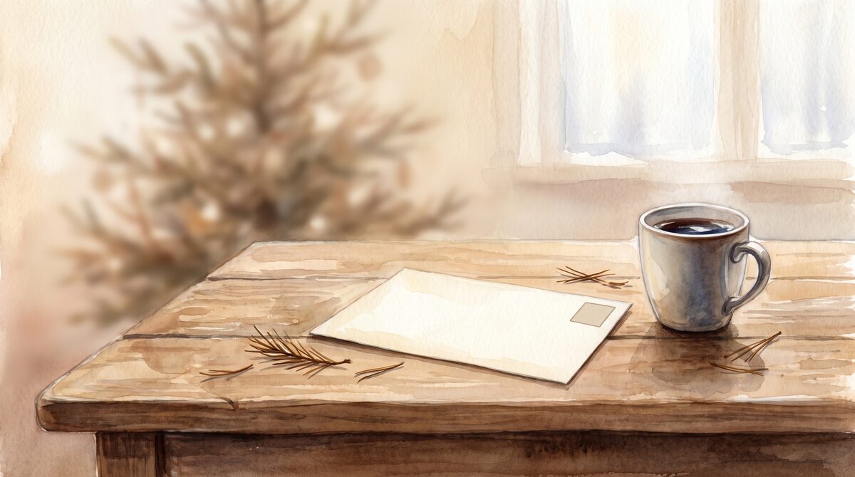 A handwritten envelope with a stamp lying on a kitchen table in the quiet week after Christmas, a few pine needles beside it