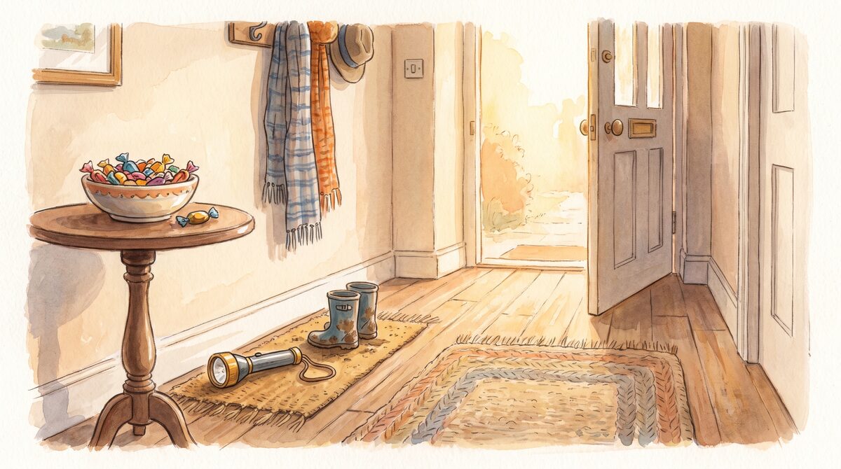 A softly lit hallway with a bowl of sweets by the door and a child’s torch on the mat