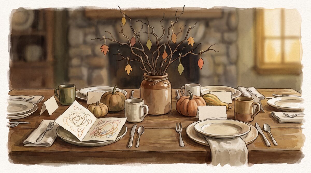 A laid Thanksgiving table with handmade place cards, a jar of autumn branches and a child’s drawing beside a plate