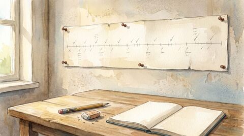 A paper timeline pinned along a wall above a kitchen table, with dates written on it in a child's handwriting