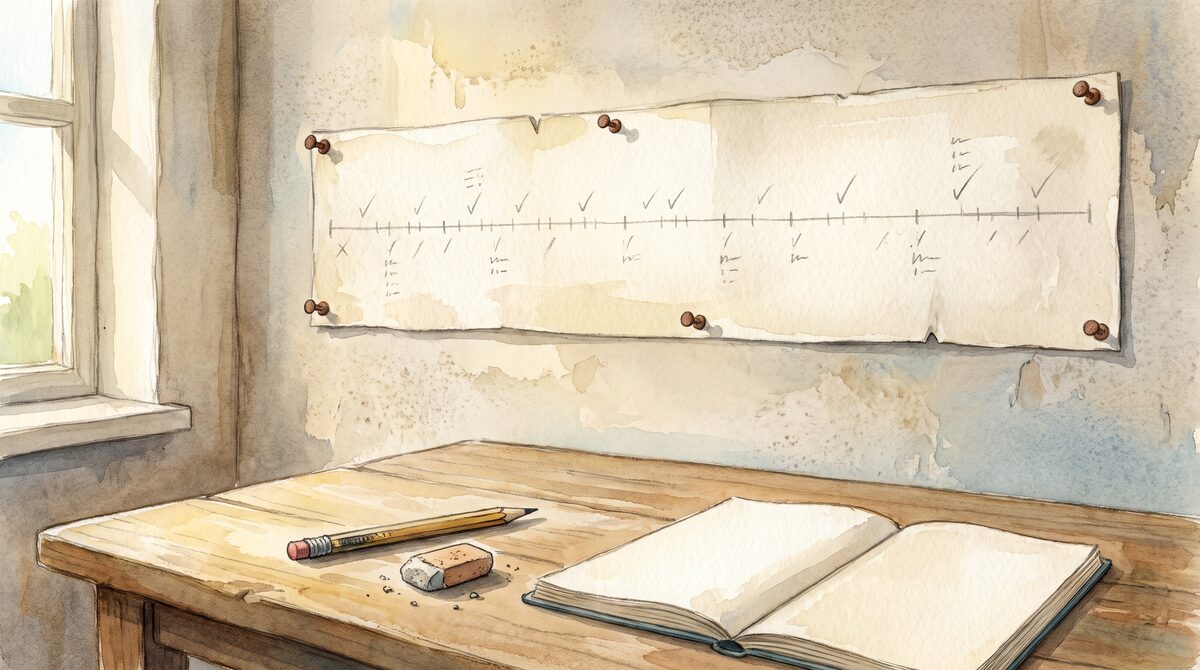 A paper timeline pinned along a wall above a kitchen table, with dates written on it in a child's handwriting