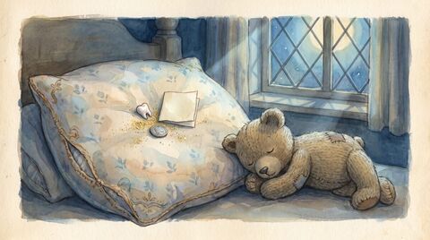 A tooth under a pillow at night with a small coin, a sprinkle of glitter and a tiny blank note