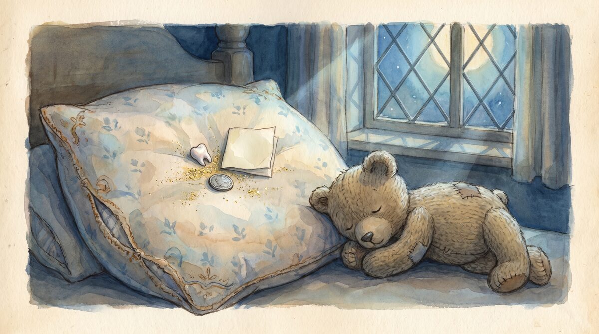 A tooth under a pillow at night with a small coin, a sprinkle of glitter and a tiny blank note
