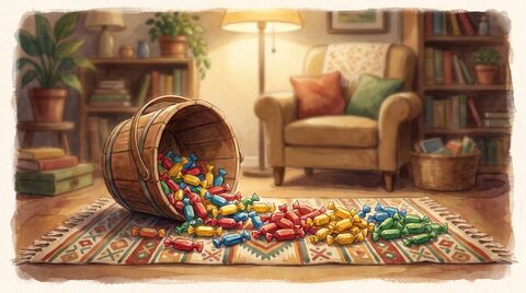 Wrapped sweets tipped out on a rug and sorted into neat piles beside an empty bucket