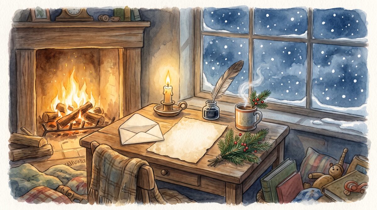 A blank letter and an envelope on a desk by a fire, with a quill, a candle and a mug of cocoa