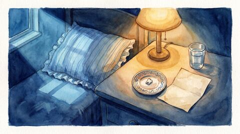 A child’s bedside table at night with a small tooth in a dish, a folded note and moonlight across the pillow