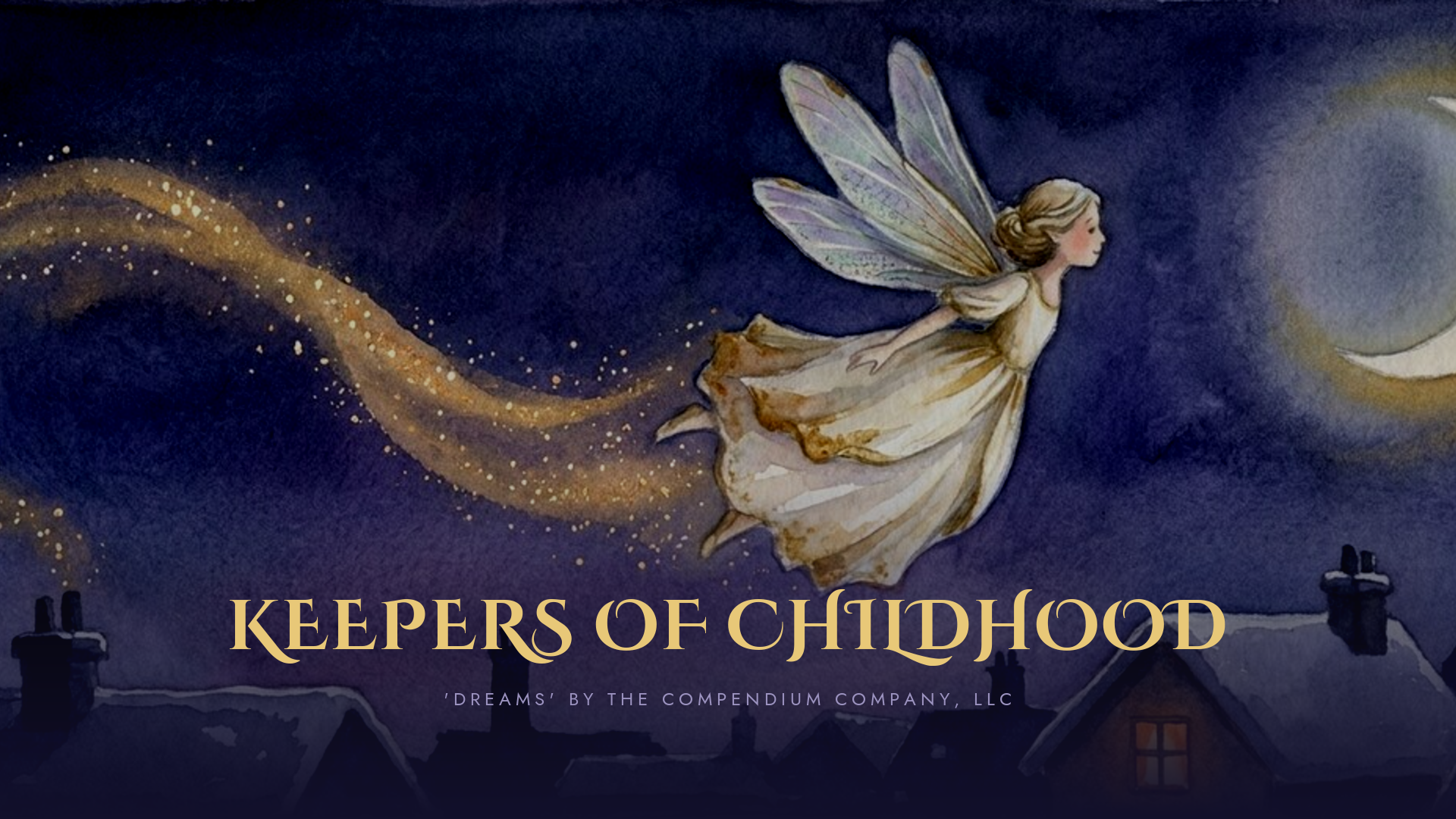 A Keepers of Childhood picture frame showing a watercolor of a fairy flying over snowy rooftops
