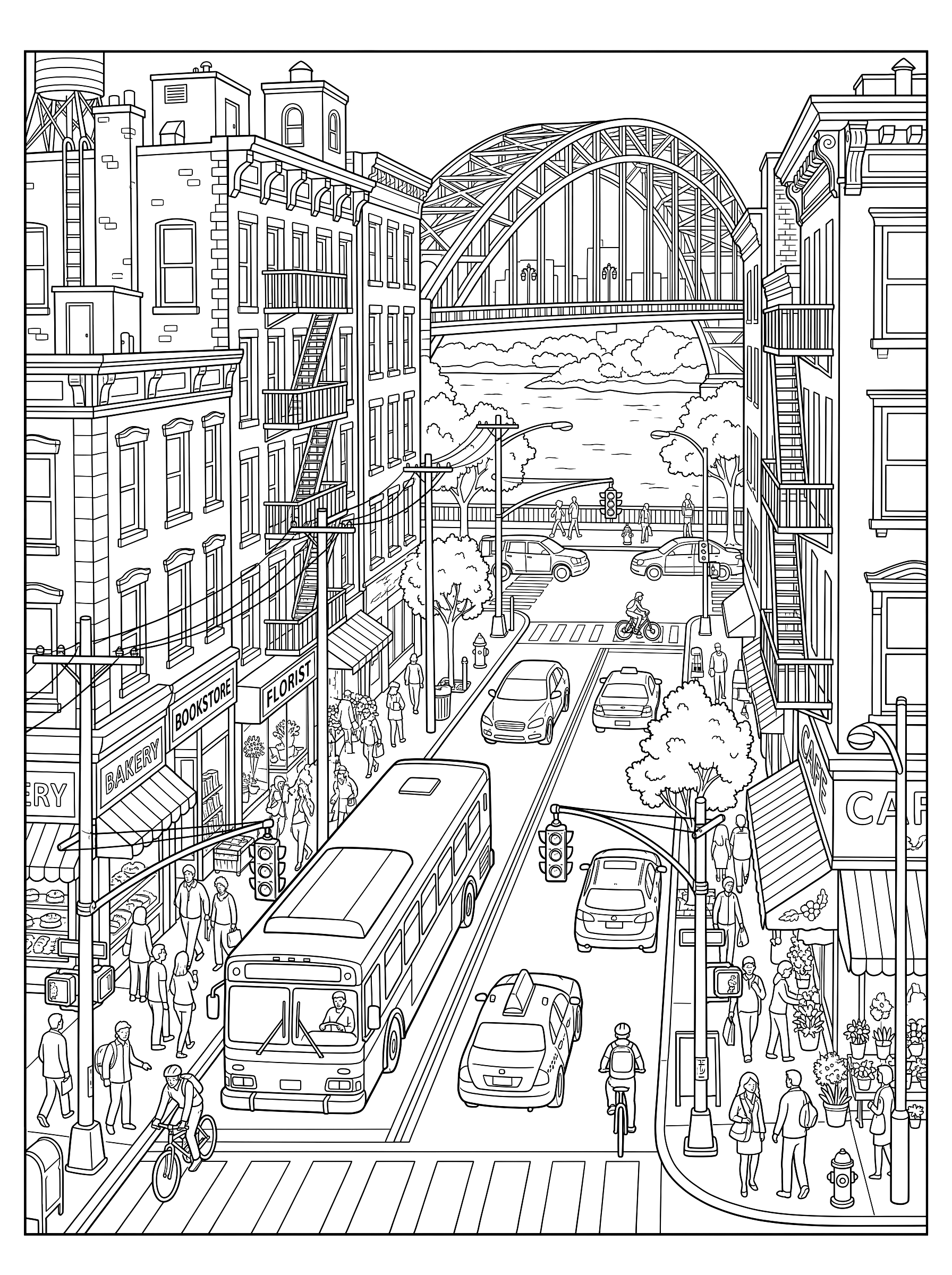 Busy city street coloring page to print
