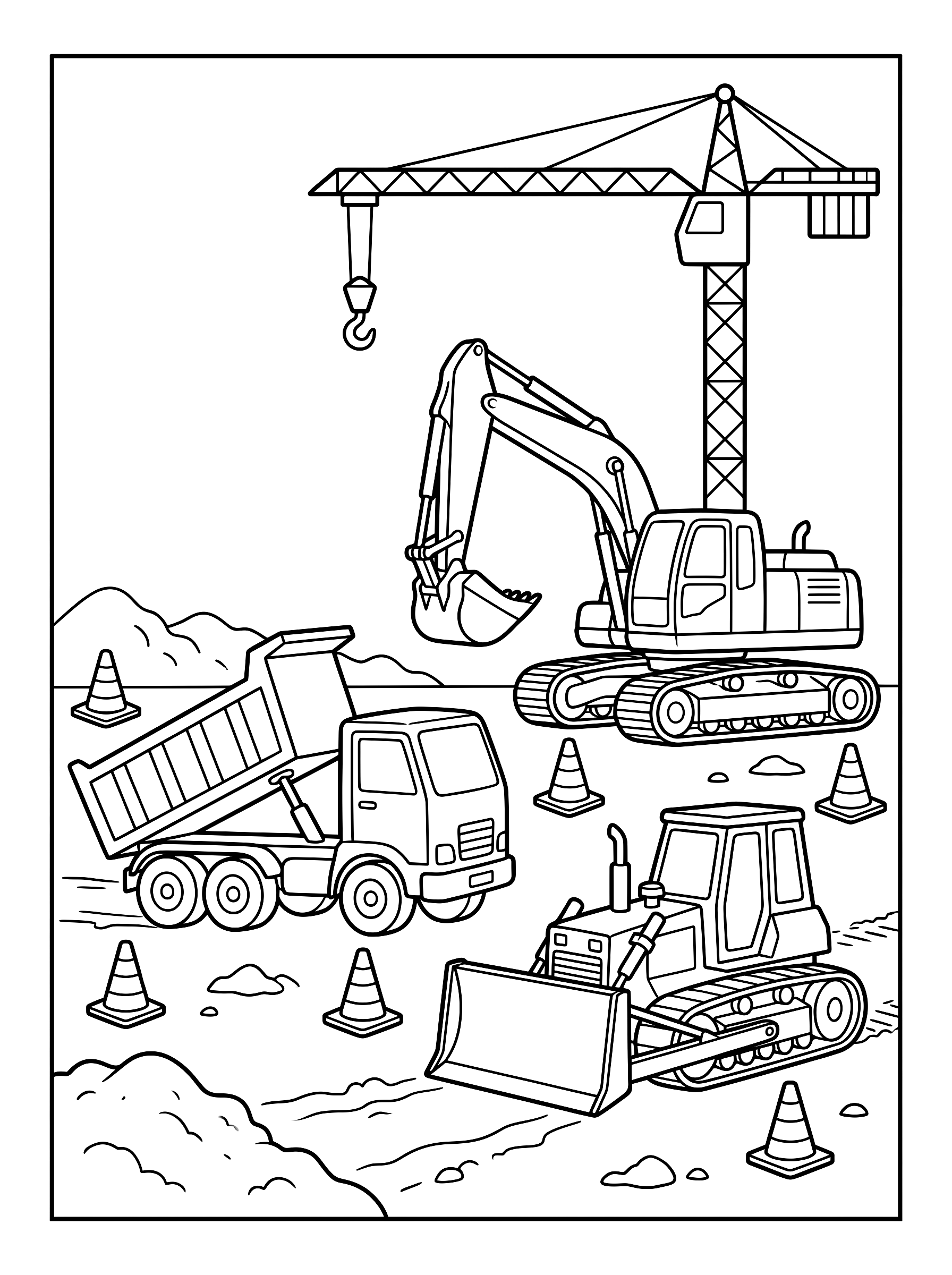 Diggers at work coloring page to print