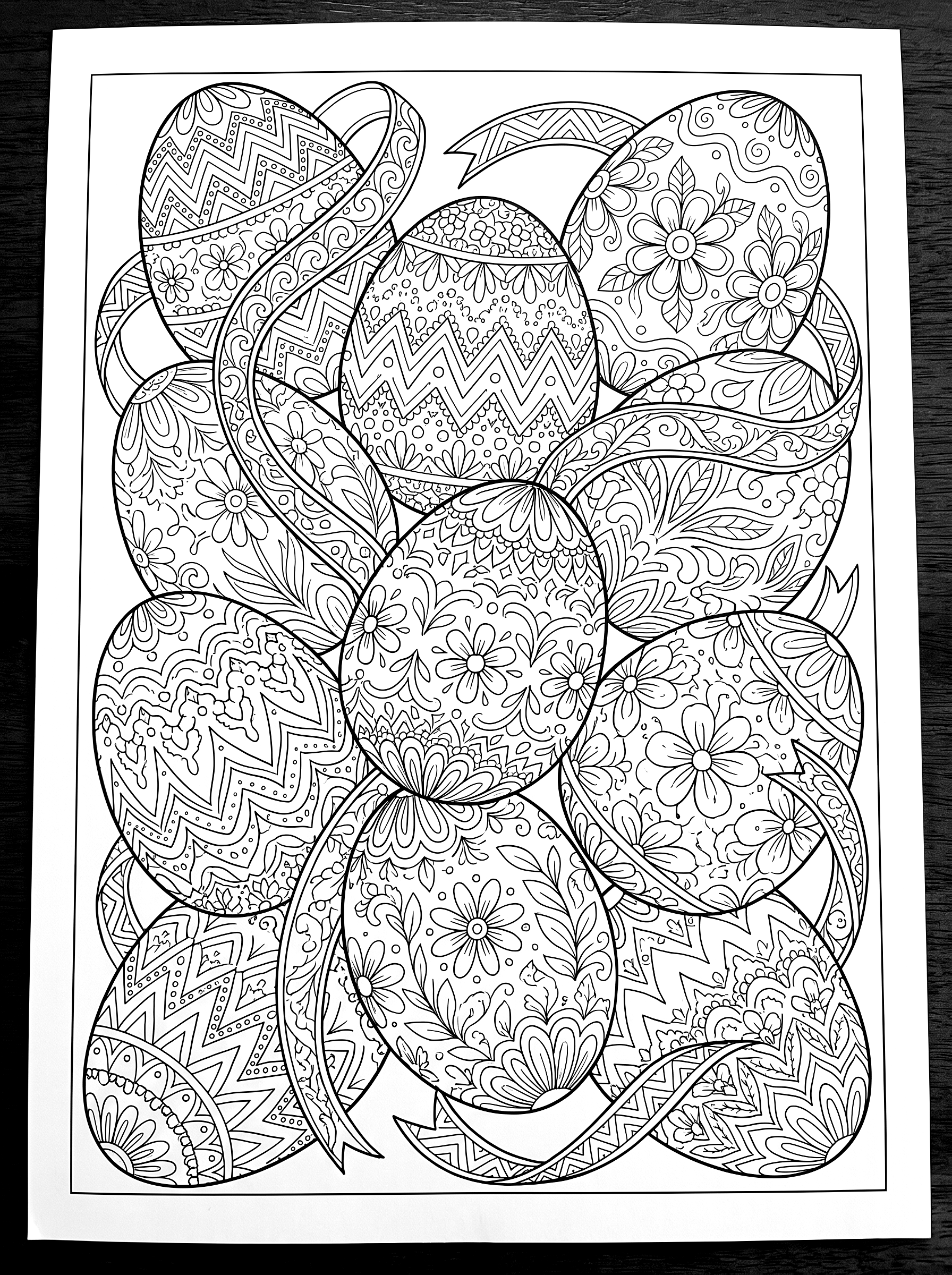 Nine patterned eggs coloring page to print