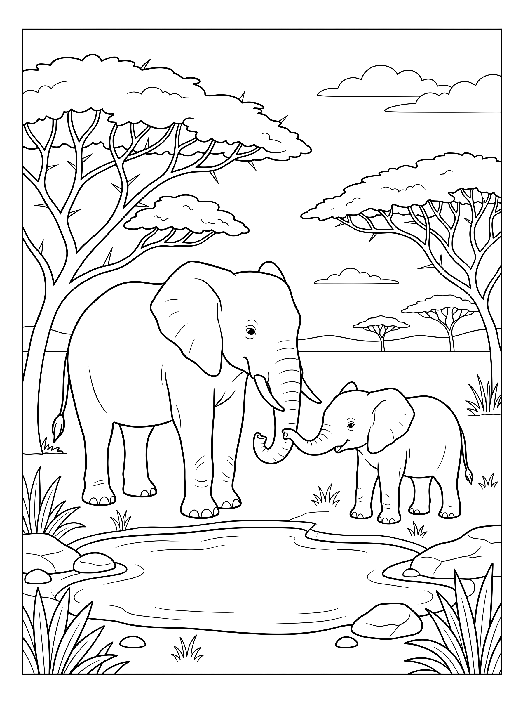 Elephant family coloring page to print