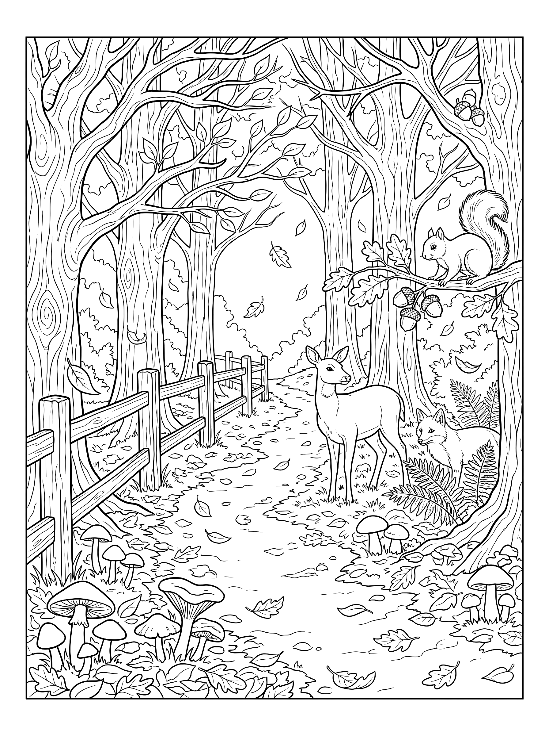 Autumn forest path coloring page to print
