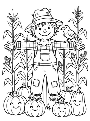 Friendly scarecrow coloring page