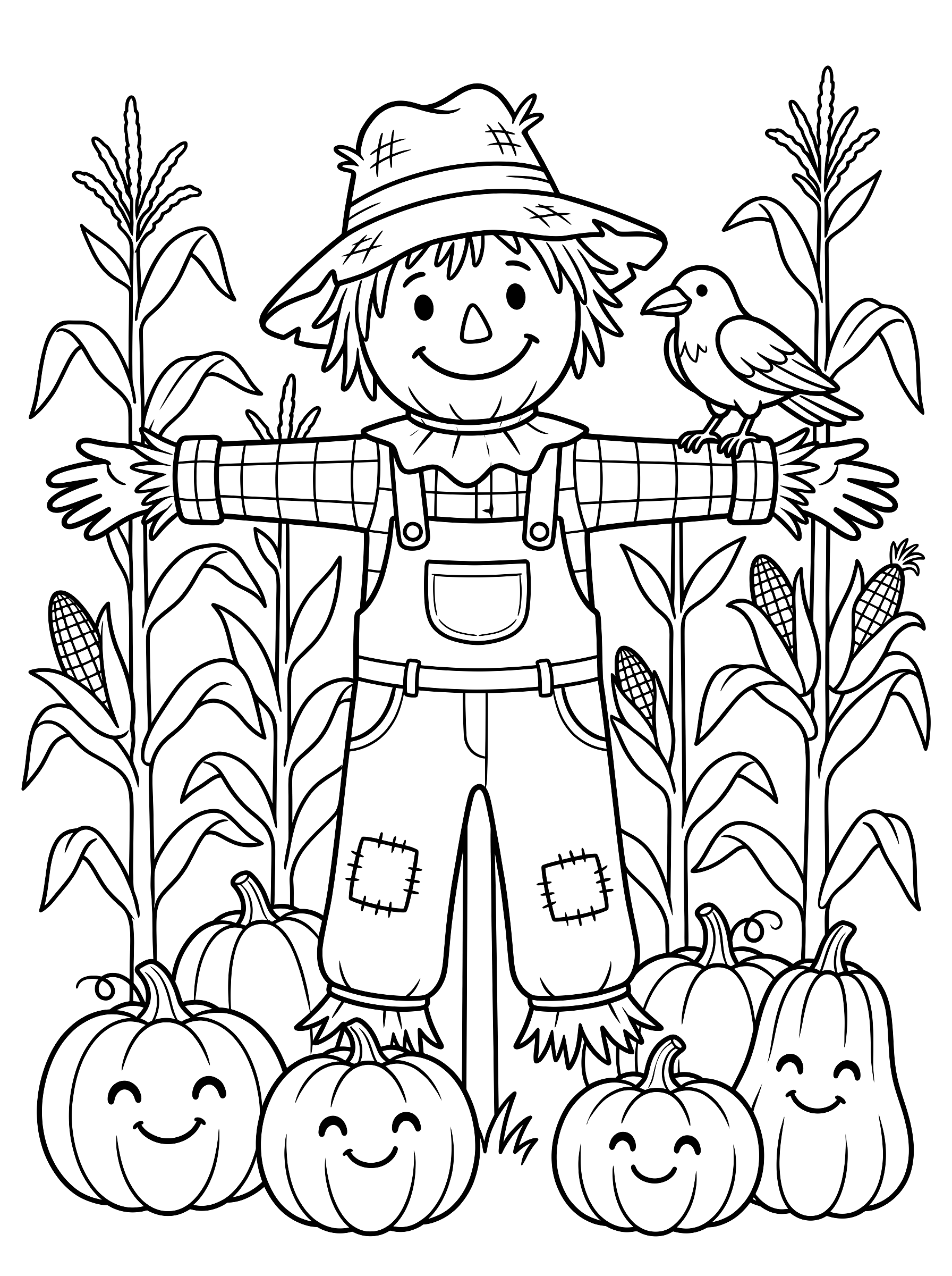 Friendly scarecrow coloring page to print