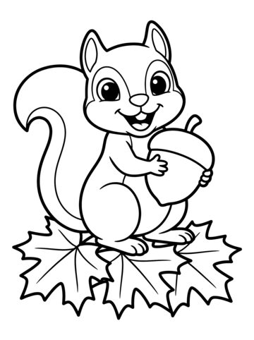 Squirrel on a leaf pile coloring page