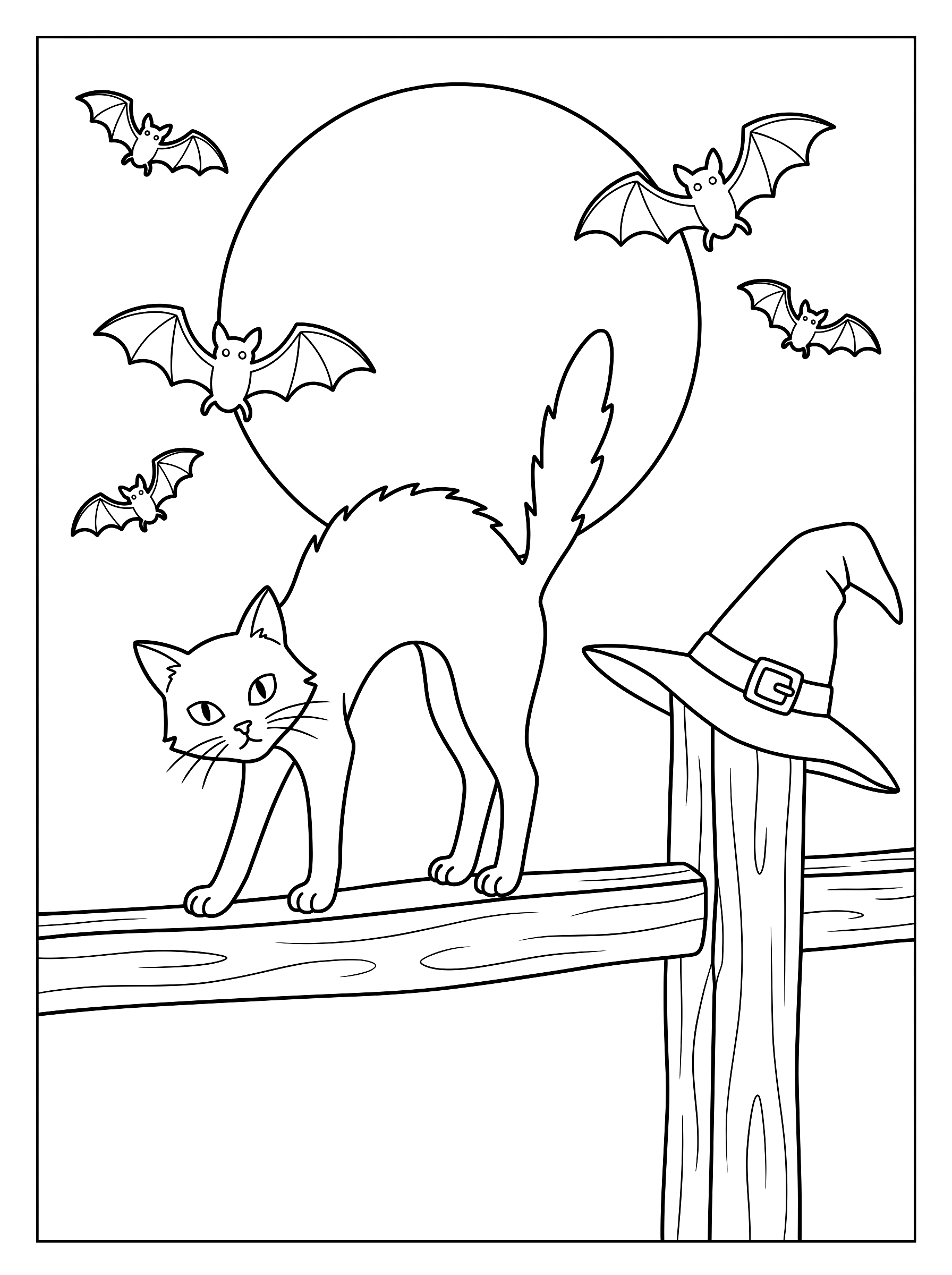 Black cat on the fence coloring page to print