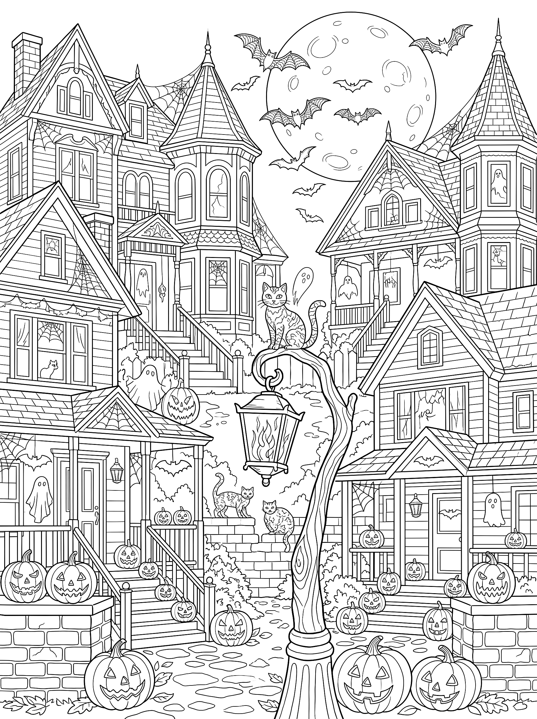Spooky street coloring page to print