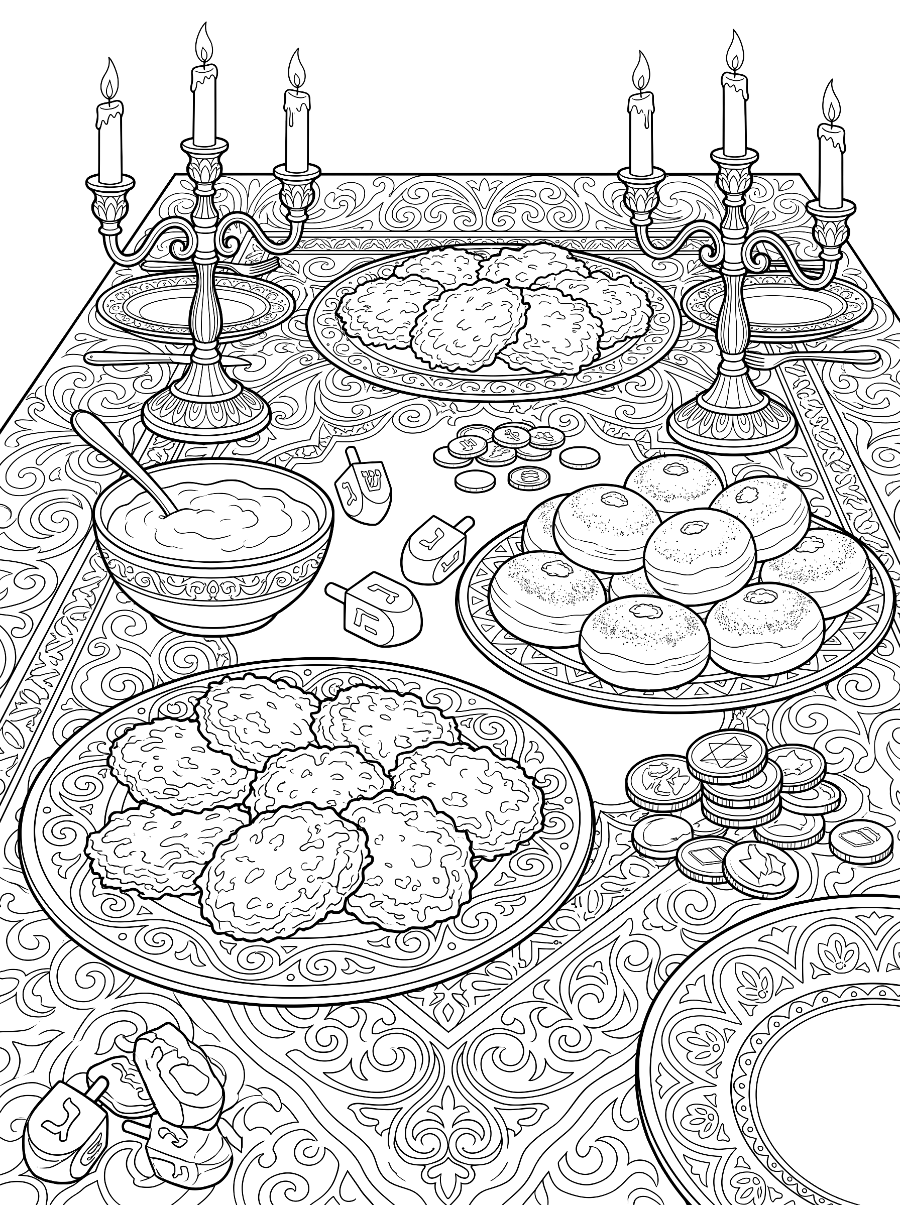 Hanukkah table coloring page to print